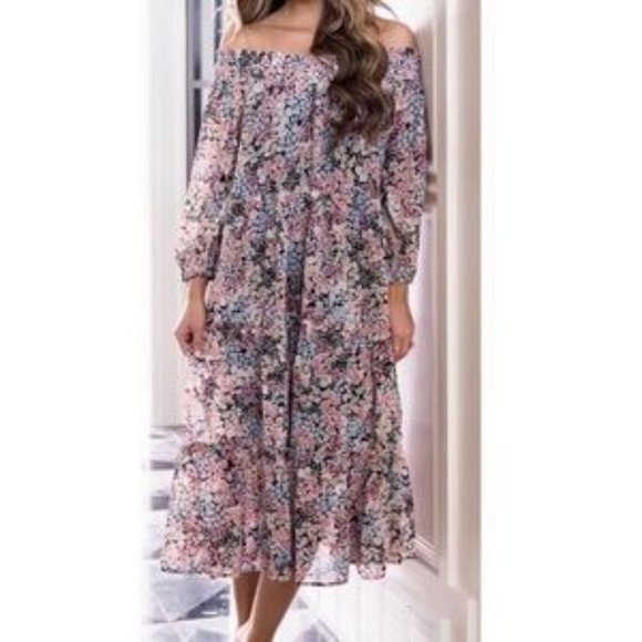Floral off the shoulder flowy tiered midi dress